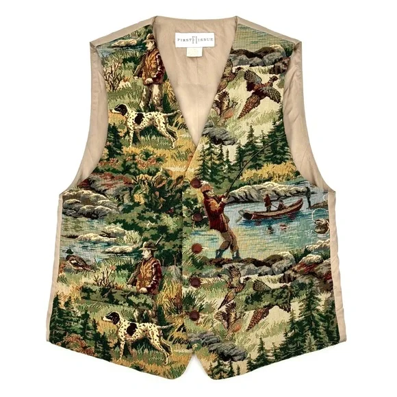 90s VTG-USA FI Fishing & Hunting Bird-Dog Tapestry Vest - Picture 7 of 16